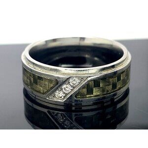 Wedding Band Silver Green Stainless Steel 0.03ctw Diamond Ring Unisex Si…